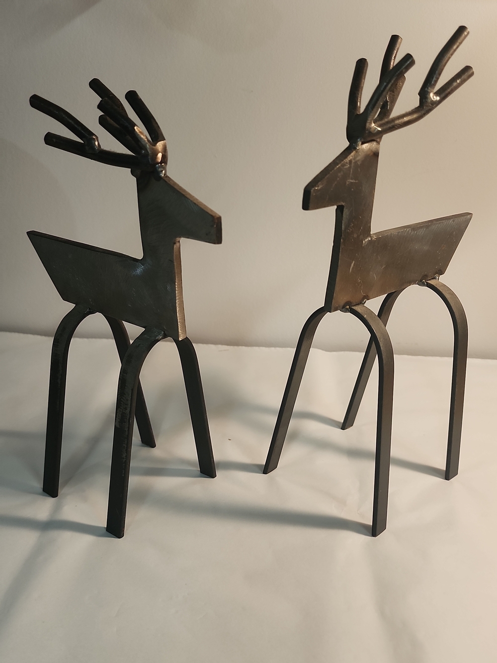 Welded Iron Reindeer Figurines x 2 Brutalist Rustic Christmas Statues Decor